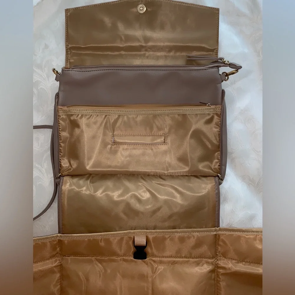 Crossbody purse with both baby changing pad & place for baby wipes, in Taupe/tan